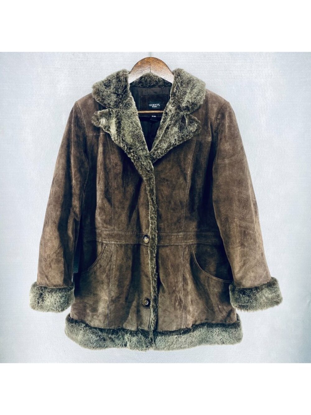 Vintage Leather Jacket Womens 1x Brown Fur Trim Coat Festival Boho 90s y2k